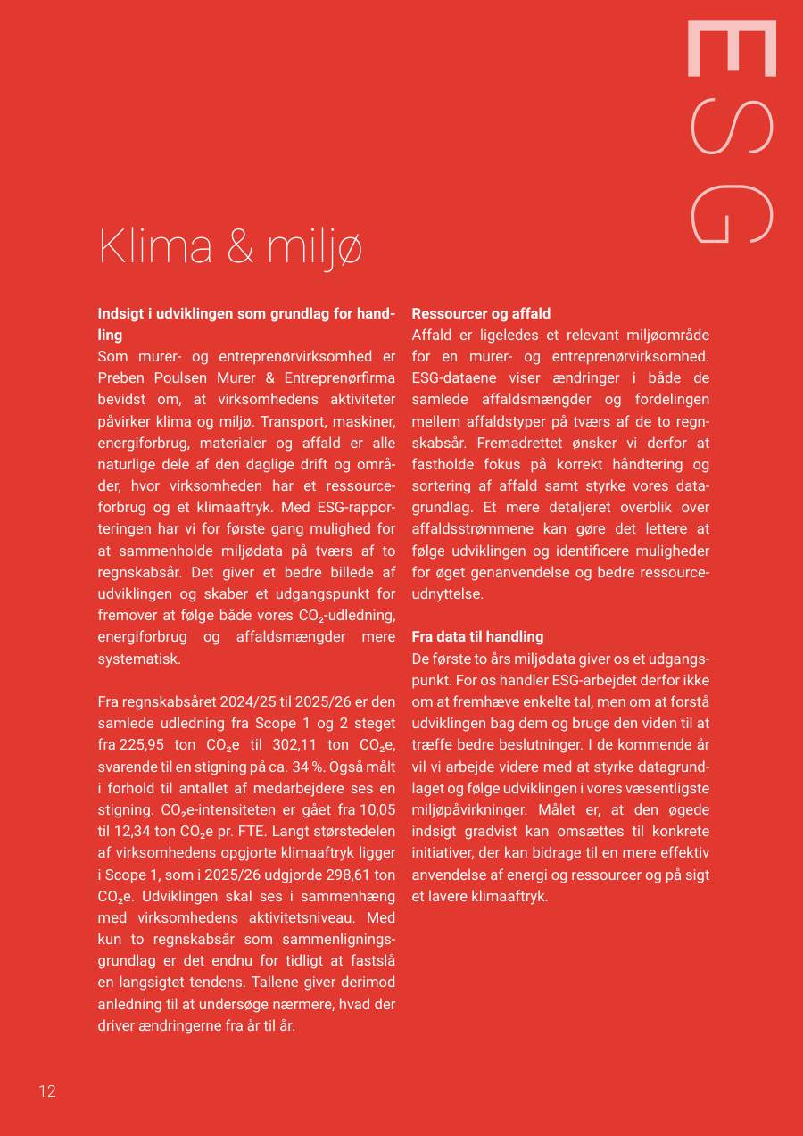 Side 12 i Preben Poulsens ESG-rapport: klima og miljø over to regnskabsår